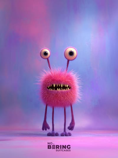 Kinderkoffer blauw - Roze harig monster met grote ogen