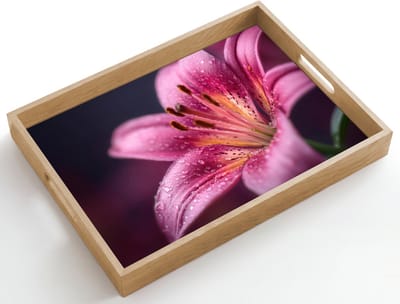 Dienblad hout 50x35 cm - Schootdienblad - Roze - lelie - Dauwdruppels - Borrelplank rechthoek - Plateau dienbladen