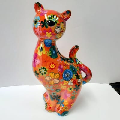 Spaarpot Kat Bloemenprint – Oranje – Grote Decoratieve Kat – 25 cm – Met Rubberen Stop