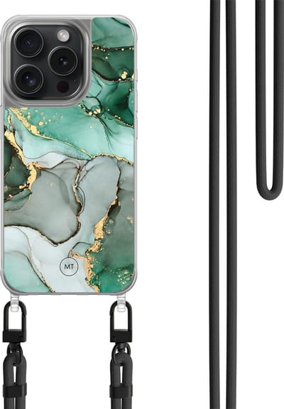 Hoesje met koord geschikt voor iPhone 13 Pro - Marble Design - Inclusief zwart koord - Crossbody beschermhoes - Transparant, Grijs, Groen - Mooie Telefoonhoesjes