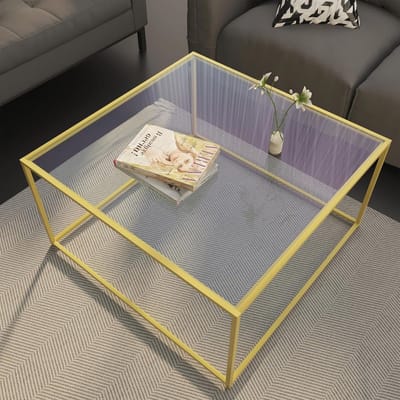 Moderne vierkante salontafel van gehard glas met metalen frame - 26,4 x 26,4 x 15,7 inch