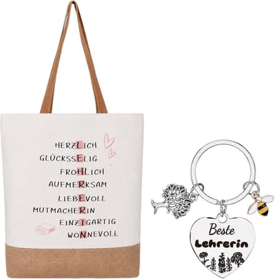Cadeauset voor leraren met jute tas, hart sleutelhanger en boodschappentas, ideaal afscheidscadeau voor basisschool en einde schooljaar, origineel bedankje voor docenten