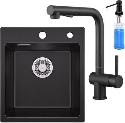 SOFETIY MAX Granieten spoelbakken 40*45cm - Spoelbak Keuken Met Keukenkraan en Zeepdispenser 300ML - Gootsteen Met Waterafvoersysteem - Wasbak Keuken - Zwart
