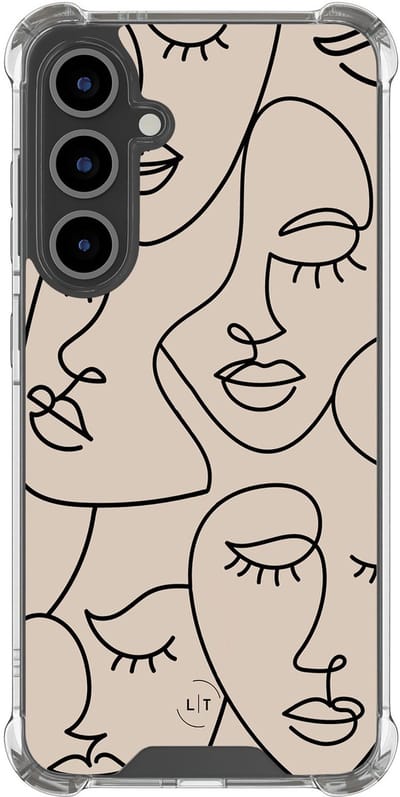 Shockproof hoesje - Geschikt voor Samsung Galaxy S24 FE - Abstract faces - Extra sterke case - TPU/polycarbonaat - Print / Illustratie - Beige, Transparant