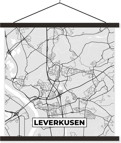 Posterhanger incl. Poster 60x60 cm - Schoolplaat - Duitsland - Kaart - Stadskaart - Plattegrond - Leverkusen - Textielposter - Zwarte latten - Stadskaart