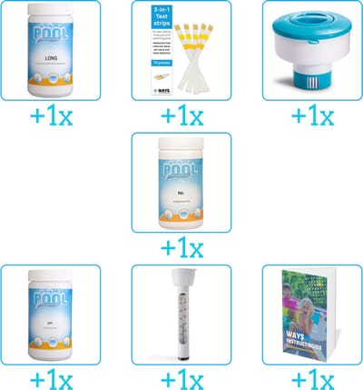 Zwembad Onderhoudspakket - Onderhoud Zwembad - bevat Chloor - Testrips - Chloordrijver - PH-min - PH-plus - Thermometer en Zwembadgids (7-delig)