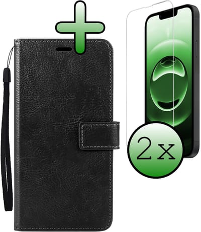 Hoesje Met 2x Screenprotector - Geschikt voor Apple iPhone 16e - Luxe Pasjeshouder - Bookcase Portemonee - Flip Case - Kunstleer Book Case - Flipcase Hoes - Book Cover - Walletcase - Portemonneehoes - Zwart