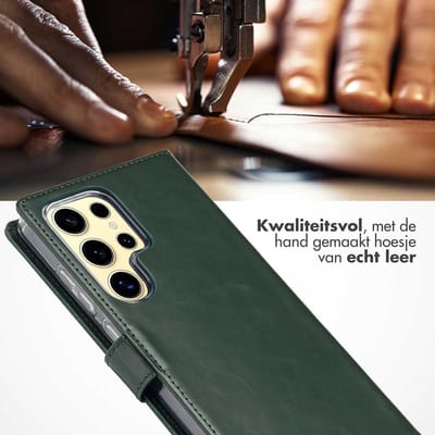 Selencia Hoesje - Geschikt voor Samsung Galaxy S25 Ultra - Echt Lederen Bookcase - Groen