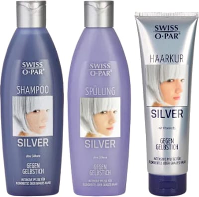 Zilverglans Haaverzorging - Set van 3 - Shampoo, Conditioner & Kur - Swiss-o-par | Anti-vergelingseffect - Combiverpakking 2x250 ml, 1x 150ml | Voor Grijs, Wit en Gebleekt Haar