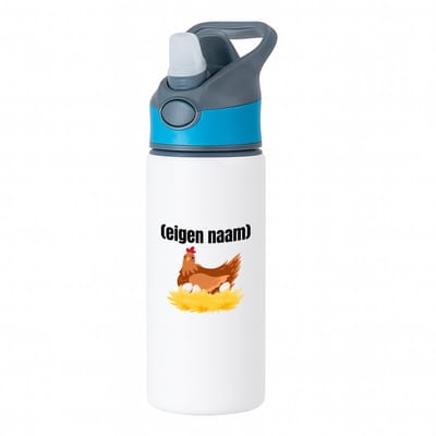Hacebo® - kip met nest met eigen naam waterfles met rietje blauw - Kippen - kippen liefhebbers - iemand die houdt van kippen - verjaardag - cadeau - kado - water fles - 650ML