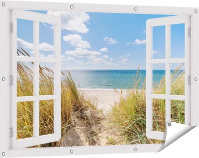 Gards Tuinposter Doorkijk Strand en Zee vanuit Duinen - 120x80 cm - Tuindoek - Tuindecoratie - Wanddecoratie buiten - Tuinschilderij