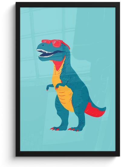 Poster in lijst - Fotolijst 40x60 cm - Posters - Dinosaurus - Blauw - Zonnebril - Posterlijst zwart - Decoratie - Wanddecoratie woonkamer - Muurdecoratie slaapkamer