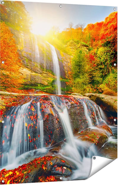 Gards Tuinposter Waterval in de Herfst Kleuren - 90x120 cm - Tuindoek - Tuindecoratie - Wanddecoratie buiten - Tuinschilderij