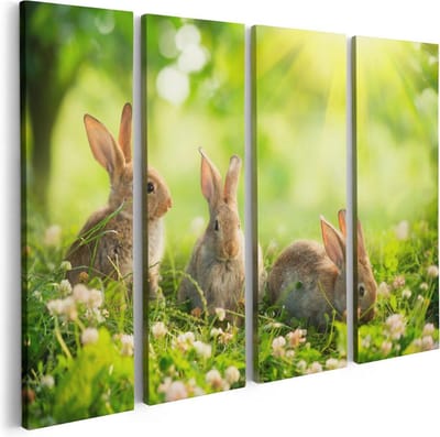 Artaza Canvas Schilderij Vierluik Drie Konijnen Op Het Gras Bij Zonneschijn - 80x60 - Foto Op Canvas - Canvas Print