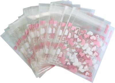 New Age Devi - Cellofaan Zakjes - 100x Uitdeelzakjes - Cellofaan Plastic Traktatie Kado Zakjes - Snoepzakjes - Hartjes Roze/Wit - 7x7cm