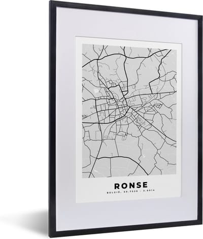 Fotolijst incl. Poster Zwart Wit- Plattegrond – Ronse – Zwart Wit – Stadskaart - Kaart - 30x40 cm - Posterlijst