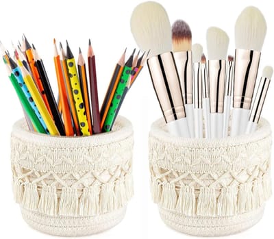 Set van 2 Make-up Borstelhouders, Mini Gevlochten Mand, 10 x 10 cm, Organizer voor Cosmetica, Boho Stijl, Opbergdoos voor Make-up, Pennen en Accessoires in Wit