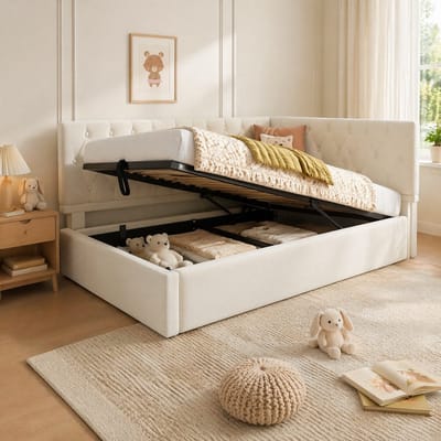 REDOM Gestoffeerd Opbergbed 90 x 190 cm – Hydraulische Opbergruimte – Flexibel Hoofdbord Links/Rechts – Fluweel – Beige