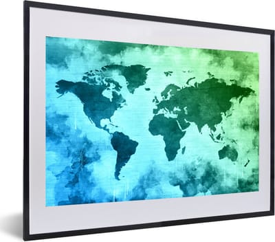 Poster in lijst - Fotolijst 60x40 cm - Posters - Wereldkaart - Blauw - Groen - Posterlijst zwart - Decoratie - Wanddecoratie woonkamer - Muurdecoratie slaapkamer