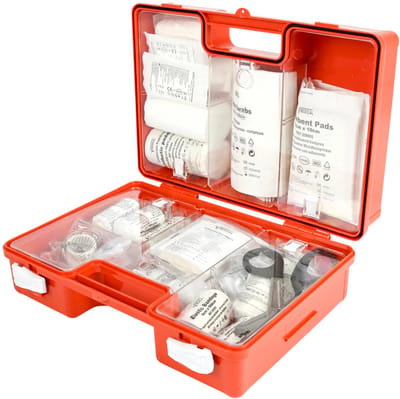 E.H.B.O. Koffer BHV - Complete Verbanddoos volgens Nederlandse Richtlijnen - Inclusief Pleisters Kompressen Windsels Reddingsdeken Handschoenen & Tools - Oranje Verbandkoffer 32x23x13 cm - Noodpakket
