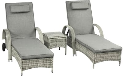 3-delige Set 2 Ligstoelen met 1 Bijzettafel - Ligstoel met Kussen - Tuinstoel - Ligbed met 5-standen Verstelbare Rugleuning - Tuinstoel - Campingligstoel - Zonnebed - Relaxstoel - voor Tuin, Terras, Zwembad & Balkon - Grijs