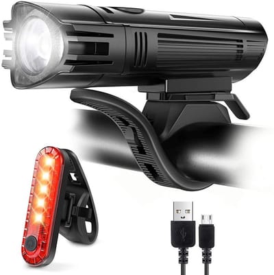 Superheldere fietsverlichtingsset, krachtige LED-koplamp en achterlicht, USB-oplaadbaar, 2000 mAh lithiumbatterij, waterdicht, 4 verlichtingsmodi voor mountainbikes en racefietsen