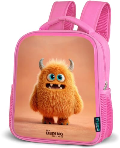 NoBoringSuitcases.com® - Rugzak roze - Schooltas meisjes - Oranje Pluizig Monster met Hoorns - Kinder rugtas meisje - Boekentas kind - Kinderrugzak voor school - Schoolrugzak