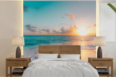 Behang - Fotobehang Zonsondergang - Strand - Zee - Zomer - Blauw - Breedte 240 cm x hoogte 240 cm