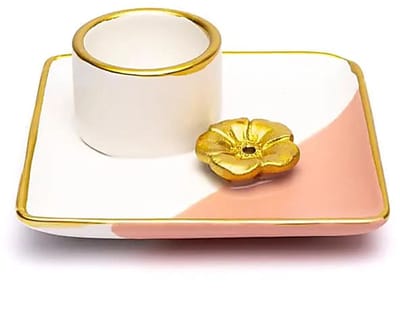 Keramische smudge en wierook brander bloem roze/wit/goud - 12 cm x12 cm x 5 cm