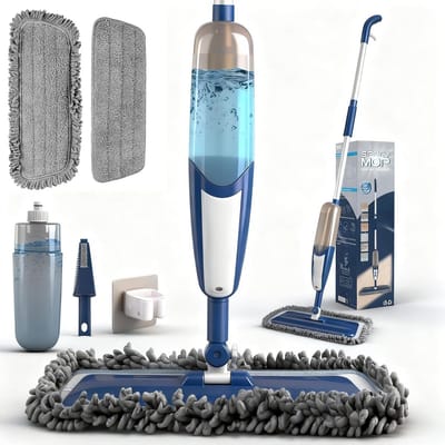 PromoHome 360° Draaibare Sproeimop voor Vloerreiniging - 500ml Navulbare Waterfles met 2 Wasbare Microvezel Pads - Lichtgewicht Aluminium Steel voor Keuken, Badkamer, Hardhout en Tegelvloeren
