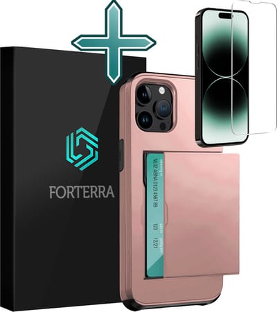 Hoesje Geschikt voor iPhone 14 Pro Max Pashouder Hard Case Hoes Met Screenprotector - Hoes Geschikt voor iPhone 14 Pro Max Hoesje Back Cover Met Pasjeshouder - Rosé goud