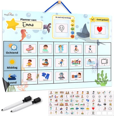 HuysPlan - Beloningsplanner Kinderen – Dagplanner Ochtend Middag Avond – Magnetisch + Ophangtouwtje – 72 Pictogrammen – Incl. 2 Stiften