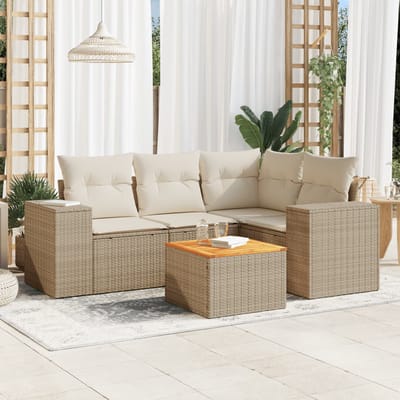 vidaXL - 5-delige - Loungeset - met - kussens - poly - rattan - beige