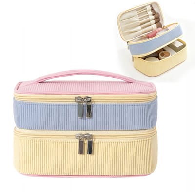 Make-up Tas Dames – Dubbele Laag Cosmetica Organizer – Grote Toilettas met Borstelvakken en Handgreep – Reis Make-up Opbergtas van Corduroy – 23 x 14 x 13,5 cm