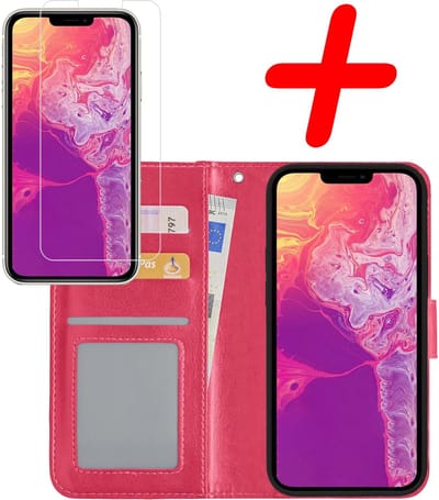 Hoesje Met Screenprotector - Geschikt voor Apple iPhone 14 Plus - Luxe Pasjeshouder - Bookcase Portemonee - Flip Case - Kunstleer Book Case - Flipcase - Book Cover - Walletcase - Portemonneehoes - Donkerroze