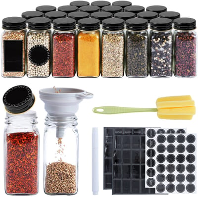 ACXIN Kruidenpotjes Set Kruidenpotjes Glas Vierkant 120ML Luchtdicht Met Etiketten Strooideksel Trechter Reinigingsborstel Keuken Organisatie - 24 Stuks - Aluminium Zwart Deksel