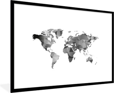 Poster in lijst - Fotolijst 90x60 cm - Posters - Wereldkaart - Zwart - Grijs - Wit - Kinderen - Jongetjes - Meisjes - Posterlijst zwart - Decoratie - Wanddecoratie woonkamer - Muurdecoratie slaapkamer