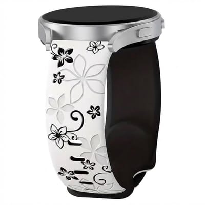 Sterrenlicht zwart silicone horloge band dames Geschikt voor serie samsung galaxy watch 7 / 6 / 5 / 5 pro / 4 / FE / ACTIVE / ACTIVE 2 20 mm horloge – bloemen patroon horlogeband – two tone floral engraved design