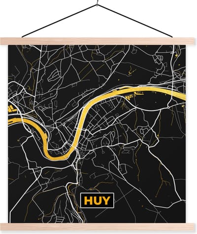 Posterhanger incl. Poster 40x40 cm - Schoolplaat - Plattegrond - Stadskaart - Huy - Goud - Kaart - Textielposter - Blanke latten - Stadskaart