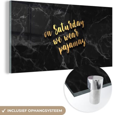 MuchoWow® Glasschilderij 40x20 cm - Schilderij acrylglas - Quotes - Pyjama - Marmer - Gold - Foto op glas - Schilderijen