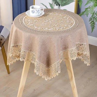 Tafelkleed Kunst Eenvoudig Rechthoekig Fris Effen Kleur Patchwork Holle Kant Theetafel Rond Tafelkleed 85*85cm kaki