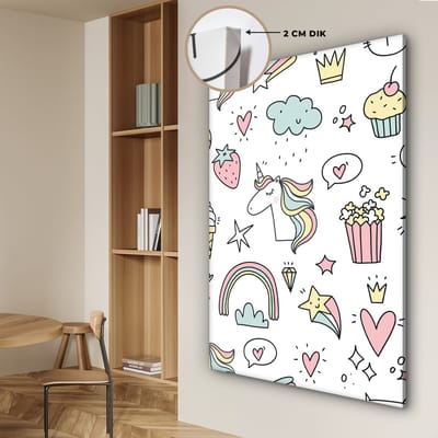 Canvas schilderij kinderen - Muurdecoratie kinderkamer - Eenhoorn - Meisjes - Regenboog - Roze - Design - Wanddecoratie meisjes - Canvas schilderij kinderen - 90x140 cm