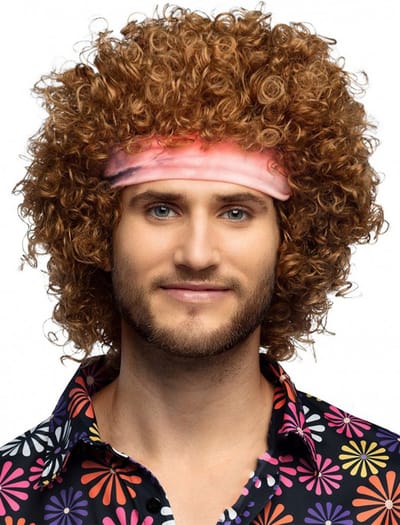 KIMU® Pruik Afro Bruin Roze Haarband - Krullend Disco Seventies Hippie - Krullen Tie Dye Hippy Flower Power Festival