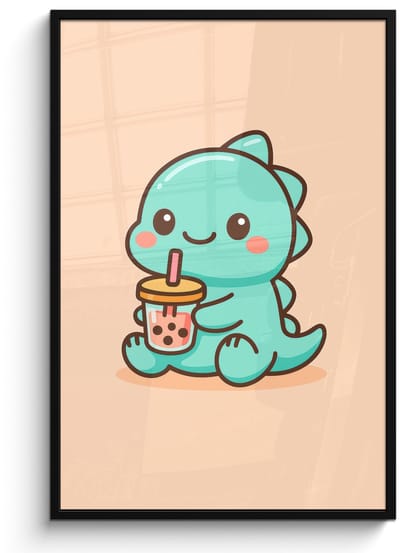 Poster in lijst - Fotolijst 80x120 cm - Posters - Dino - Boba - kawaii - Oranje - Posterlijst zwart - Decoratie - Wanddecoratie woonkamer - Muurdecoratie slaapkamer