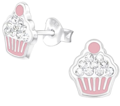 Joy|S - Zilveren cupcake oorbellen - 8 x 9 mm - roze wit - kristal