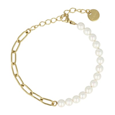 My Bendel - Combi Schakelarmband Goudkleurig Witte Parel - Goudkleurige Schakelarmband met Parelmoer Edelstenen - met Luxe Cadeauverpakking | Sieraden Voor Dames