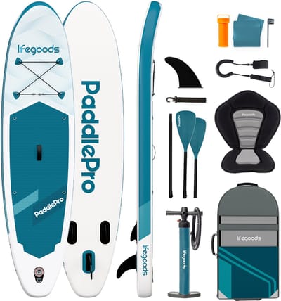 LifeGoods SUP Board Allround Compact - Met Zitje - 120 KG Draagkracht - 300 x 76 cm - Opblaasbaar - Compleet SUP pakket - Deep Aqua