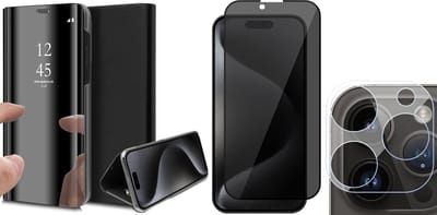 Hoesje geschikt voor iPhone 15 Pro - Privacy Screenprotector FullGuard & Camera Lens Screen Protector - Book Case Spiegel Zwart