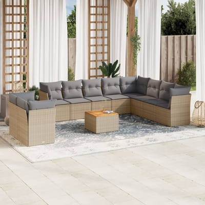 vidaXL - 11-delige - Tuinset - met - kussens - poly - rattan - beige
