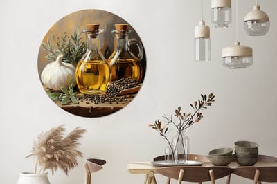 WallCircle - Wandcirkel - Muurcirkel - Stilleven - Olijfolie - Knoflook - Kruiden - Aluminium - Dibond - 120x120 cm - Binnen en Buiten XXL